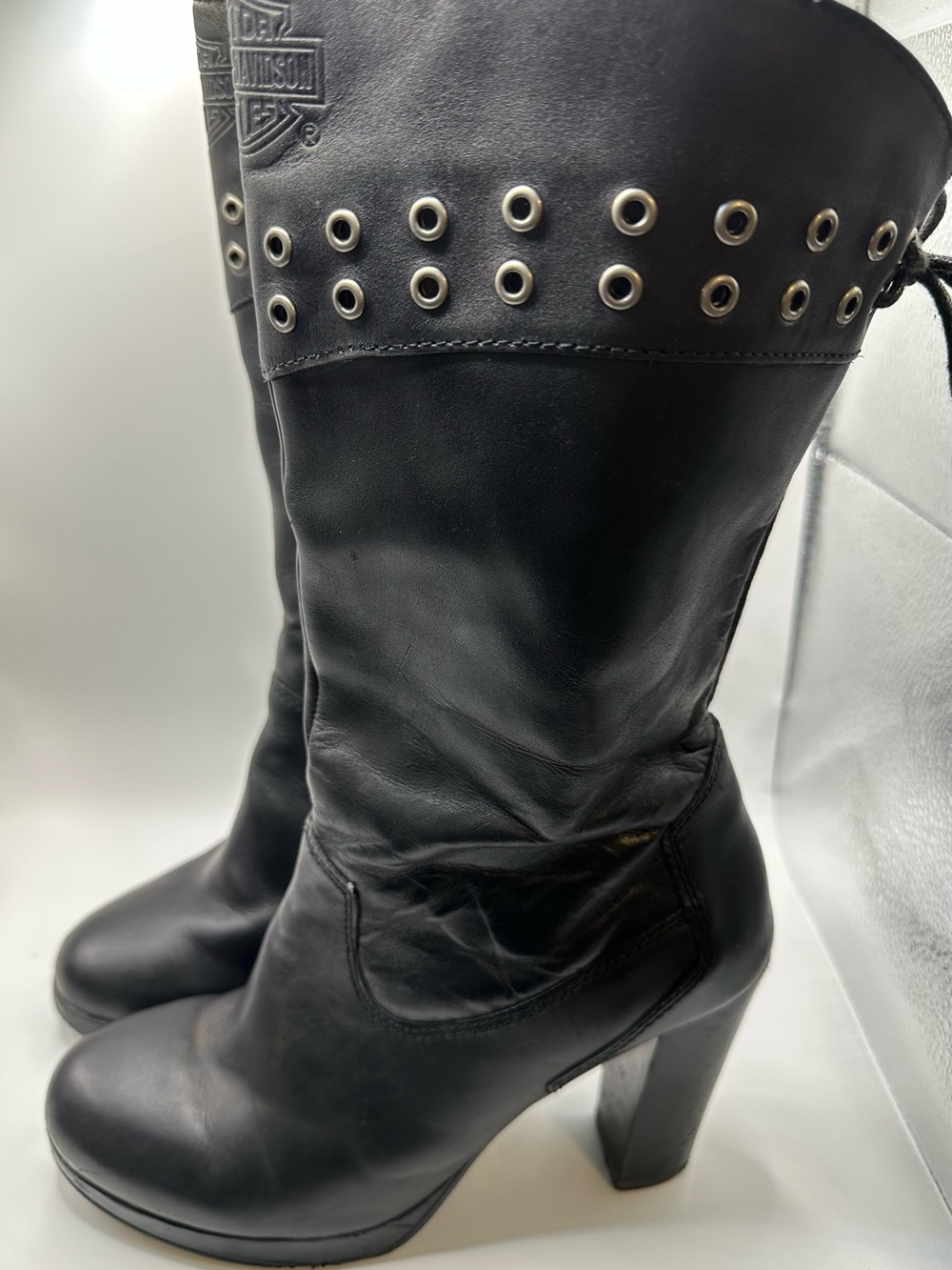 Harley-Davidson Black Leather Mid-Calf Heeled Boots with Silver Eyelets